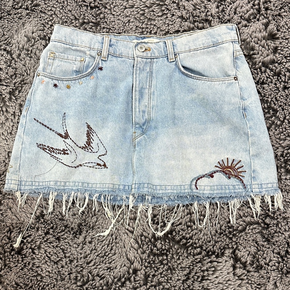 Zara Light Blue Denim Skirt with Embroidery and Fringe